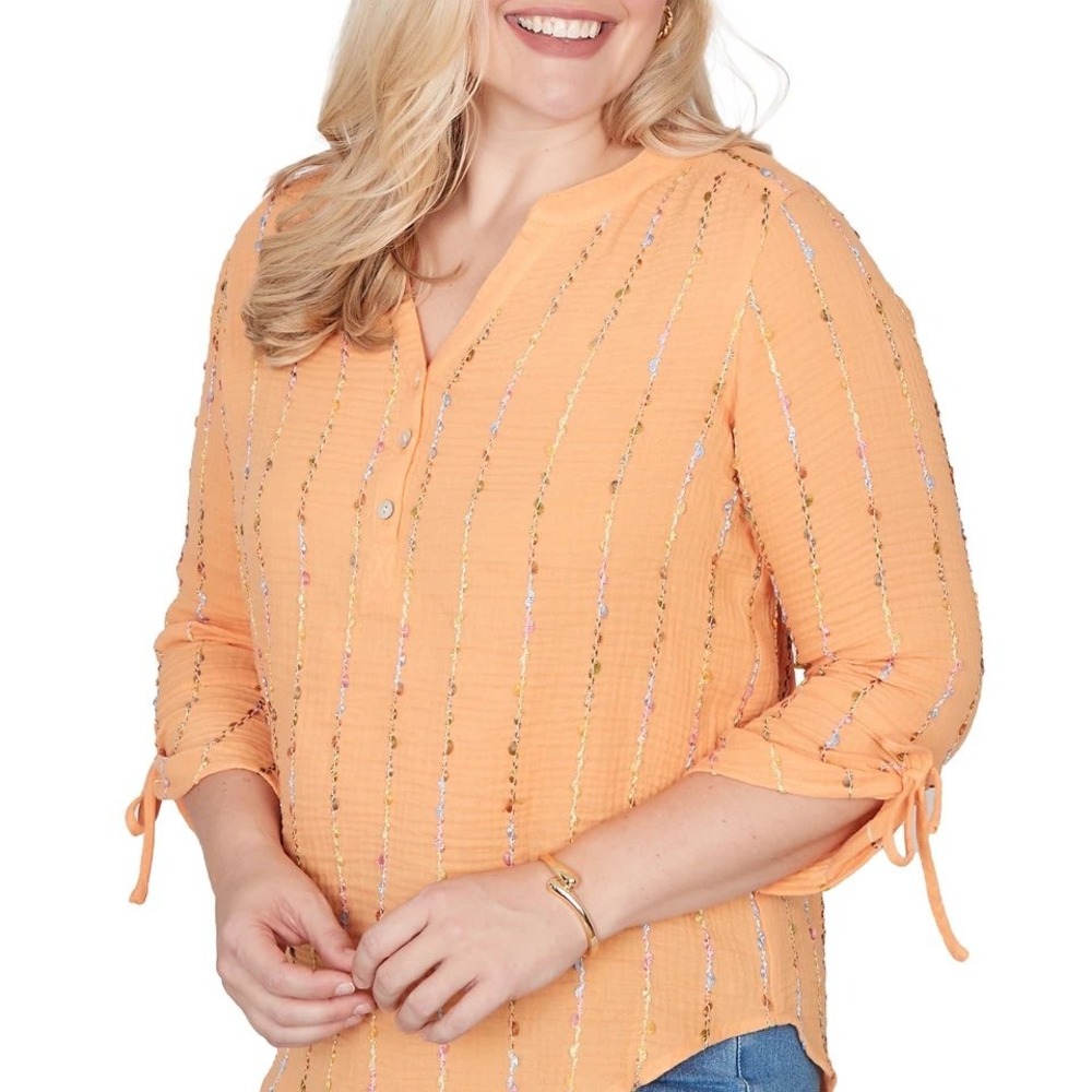 Alfred Dunner Beachcomber Orange Cotton Gauze Embroidered Top 33140YJAD Petite M